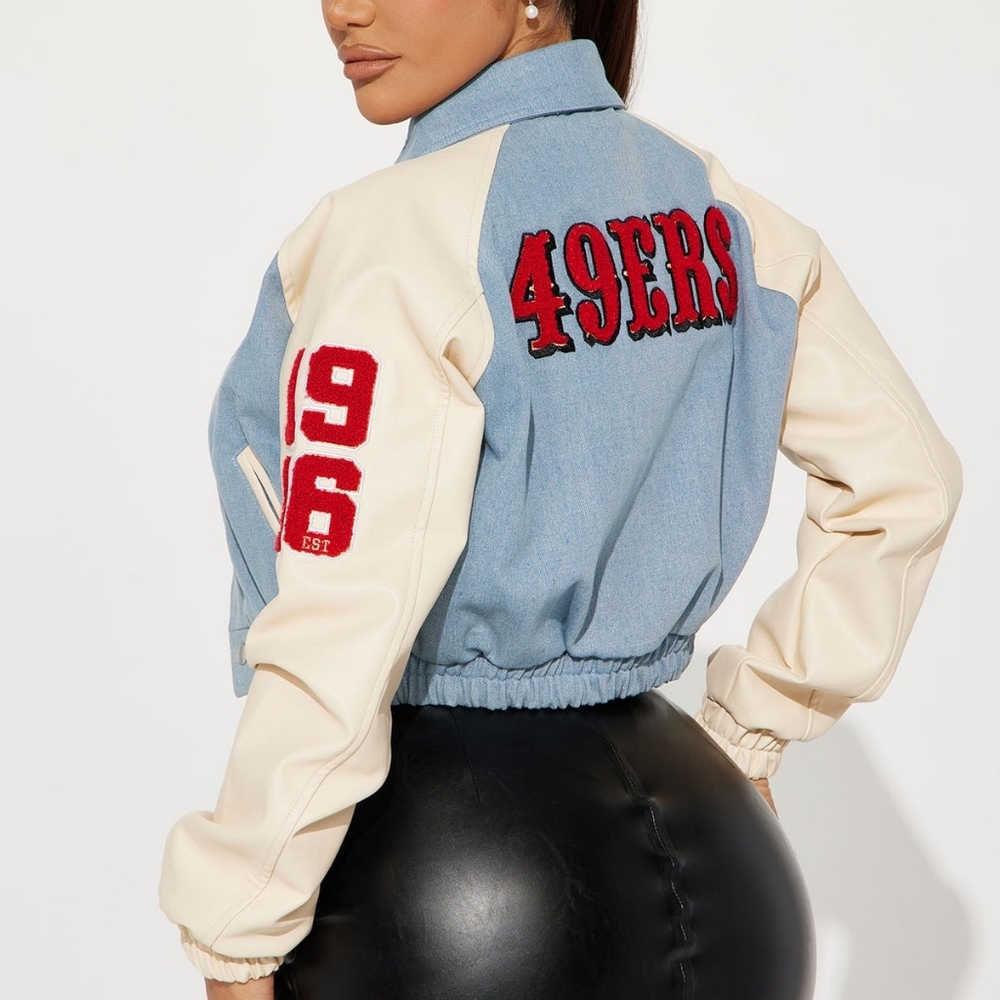 49ers Denim Bomber Jacket w/ Pockets (L)